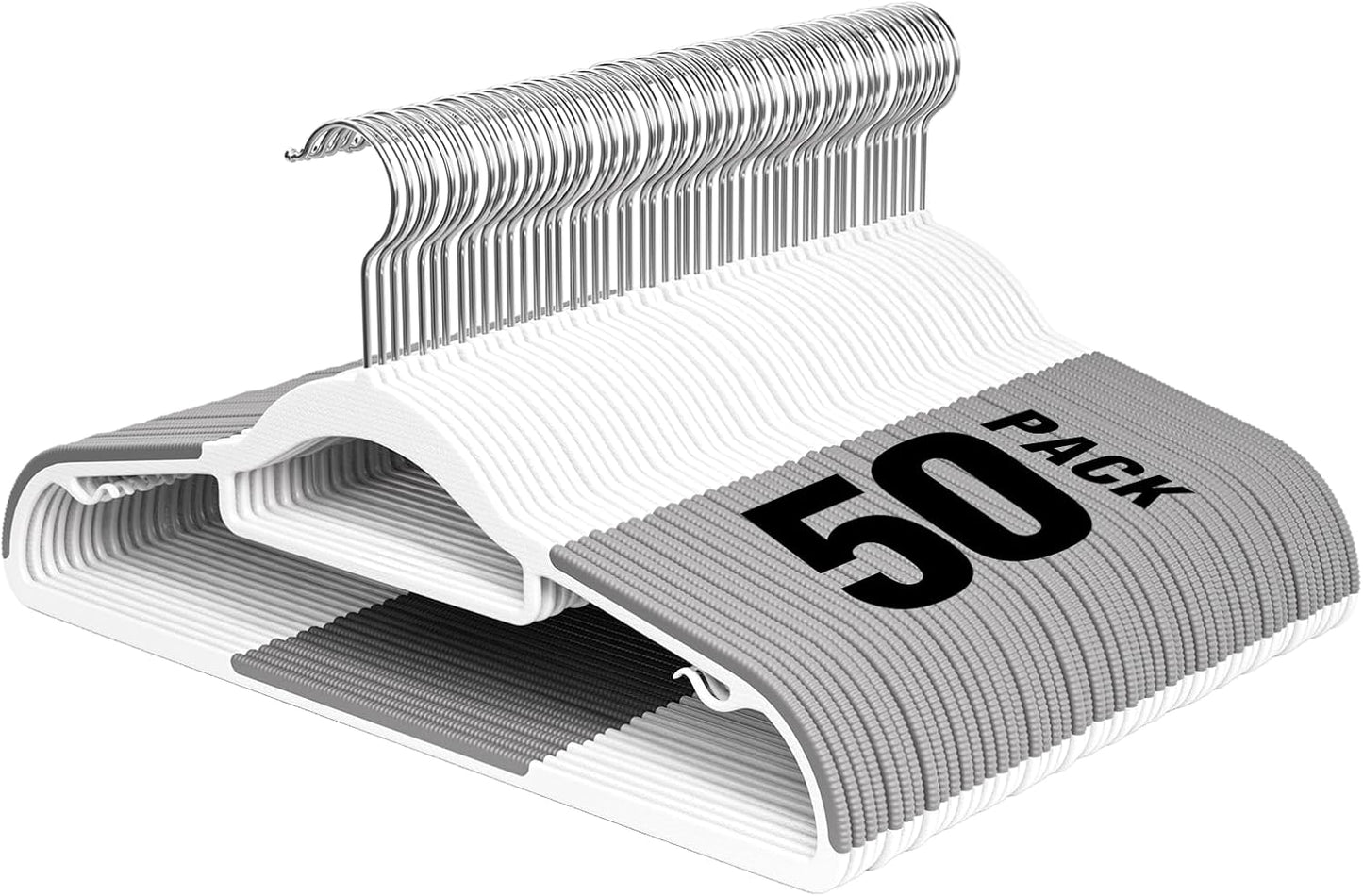 Plastic Hangers 50 Pack - Heavy Duty 16.5 in Non-Slip Clothes Hangers with 360° Swivel Hook | Space-Saving White & Dark Gray