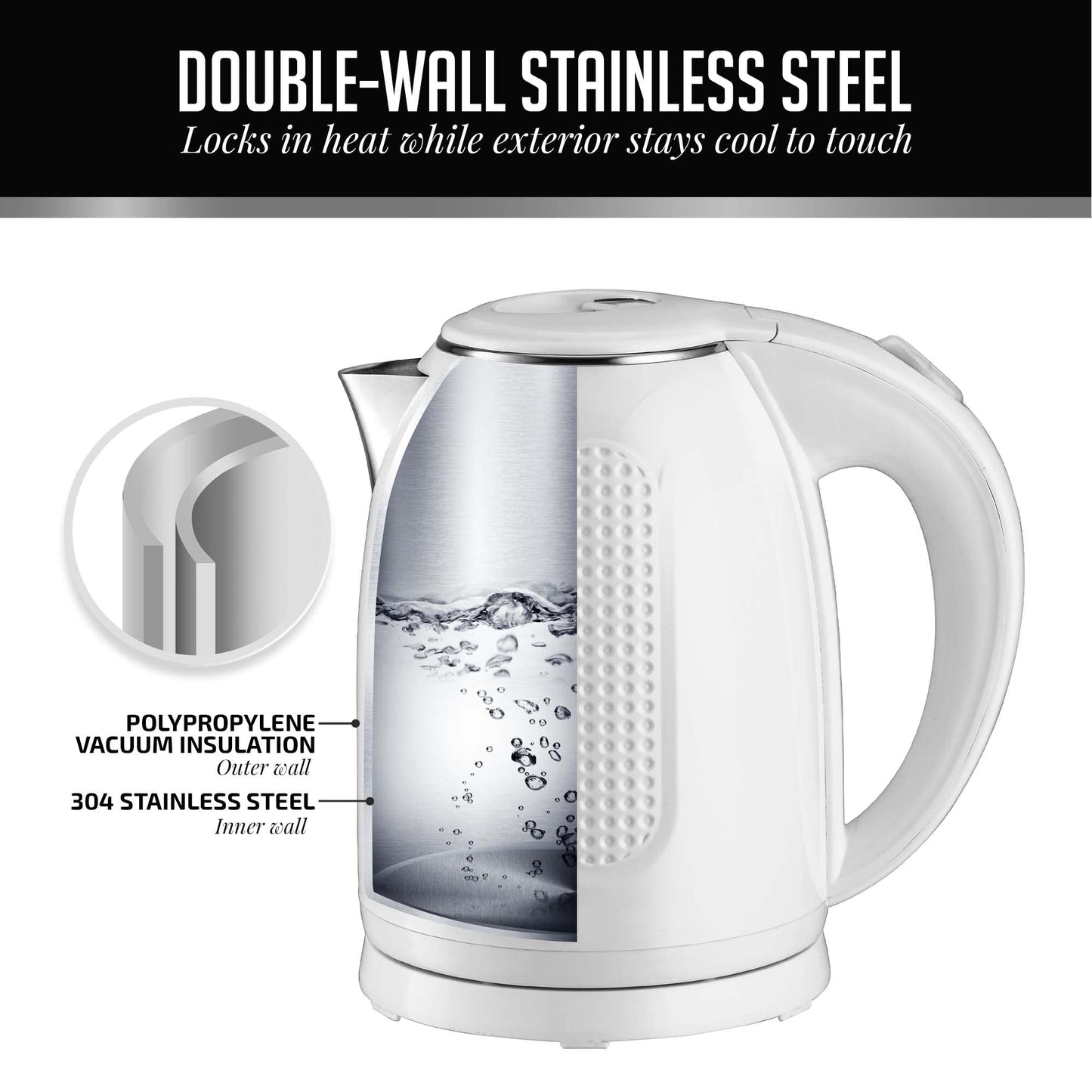 OVENTE 1.7L Double Wall Electric Tea Kettle, 1100W Water Boiler and Heater with Cool-Touch Exterior, Stainless Steel Insulated Interior, Auto Shut-Off, Boil-Dry Protection & Locking Lid, White KD64W