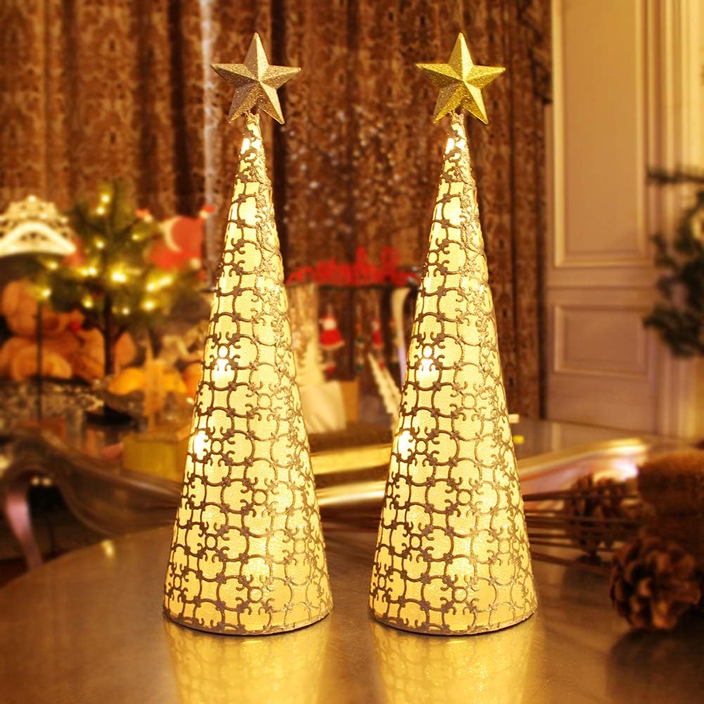 Juegoal Lighted Christmas Table Decorations - Star Design with 10 LED Lights | Set of 2 (Gold & Silver)