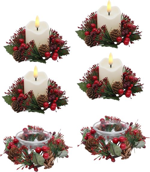 GN11848-6 Candle Rings Set of 6 | Christmas Wreaths with Red Berries & Pinecones for Festive Decor
