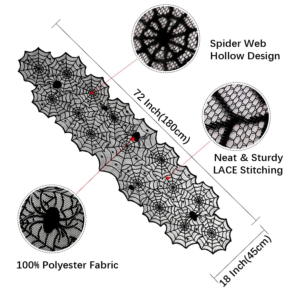 Halloween Table Runner: Black Lace Spider Web Table Runners 2 Packs 18 x 72 Inches for Halloween Decor, Vivid Polyester Spider Web Table Runner for Halloween Masquerade Party Dinner Table Decorations
