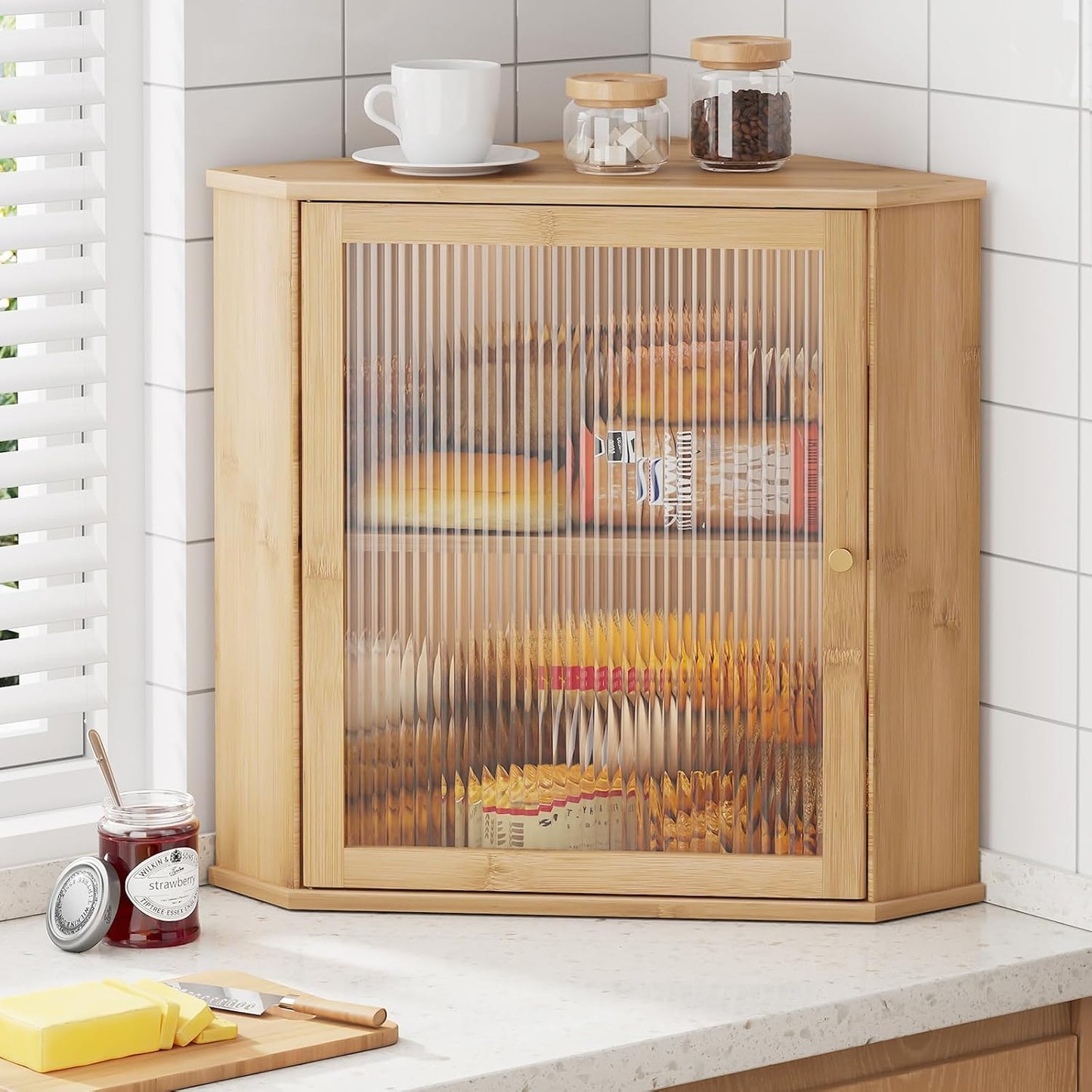 Kitsure Bread Box - 2-Tier Bamboo Kitchen Counter Organizer with Magnetic Acrylic Door | Natural 16.5" H