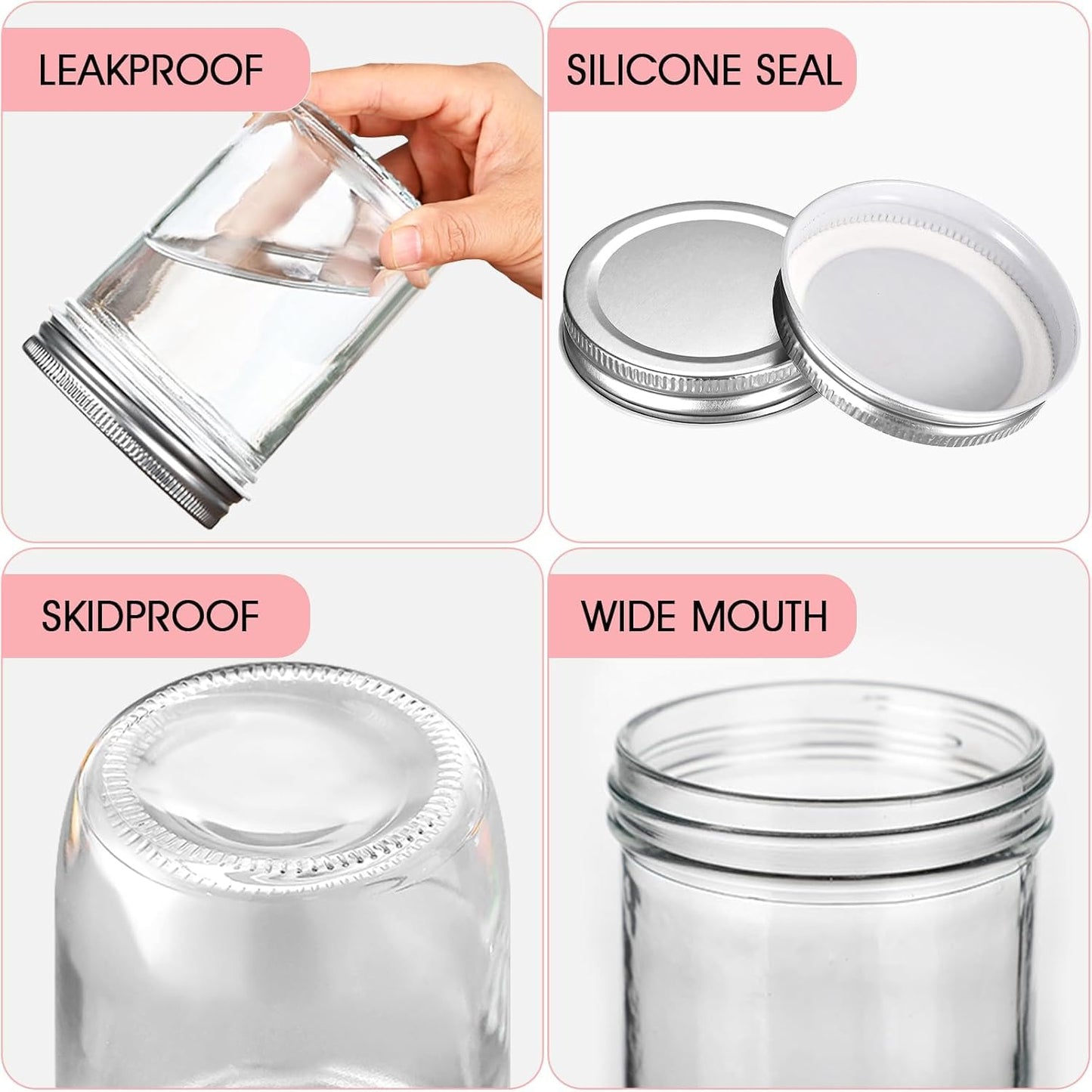 Showvigor 2 Pack Wide Mouth Mason Jars 16oz - Airtight Glass Canning Jars for Food Storage, Meal Prep, Overnight Oats, Pickling, Salad & Wedding Favors (Leak-Proof Lids)