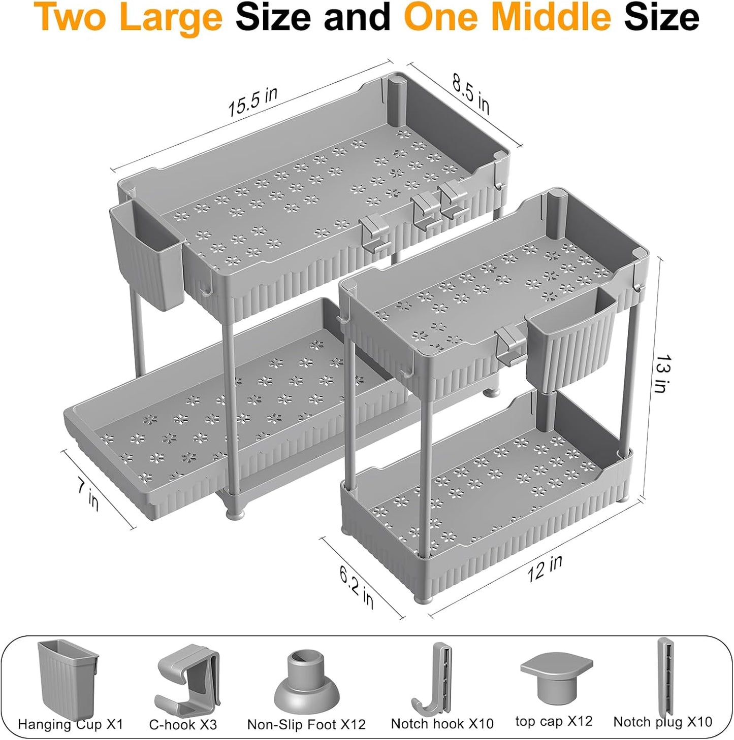 Sevenblue 3-Pack Under Sink Organizers - 2-Tier Kitchen & Bathroom Storage with Sliding Drawers | Gray, 12.8 Inch