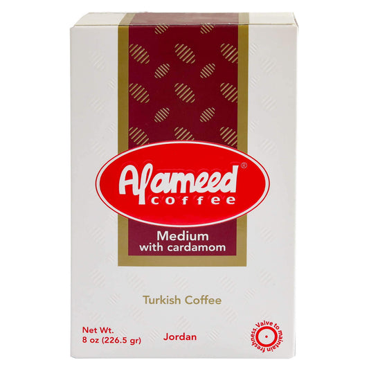 Al Ameed Gourmet Turkish Ground Coffee with Cardamom - 8oz - Authentic 100% Arabica Blend – Medium Roast Beans, Caffeinated – Smooth & Bright Flavor – Fragrant, Aromatic Finish