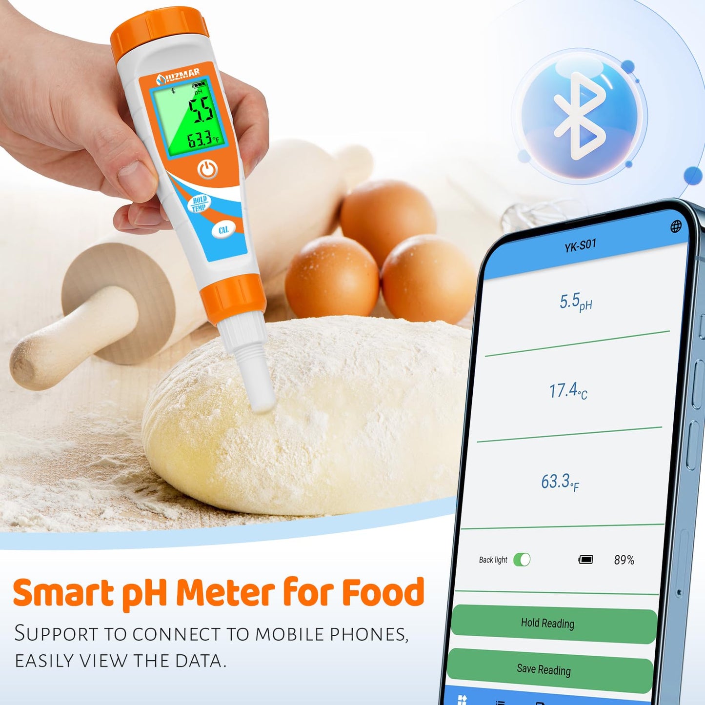 UIUZMAR Smart pH Meter for Food pH Test Kit for Sourdough and Bread Dough Professional Spear Sensor Food Tester Digital pH Meter for Sausages Meat Cheese Sushi Rice and Other Solid Semi-Solid