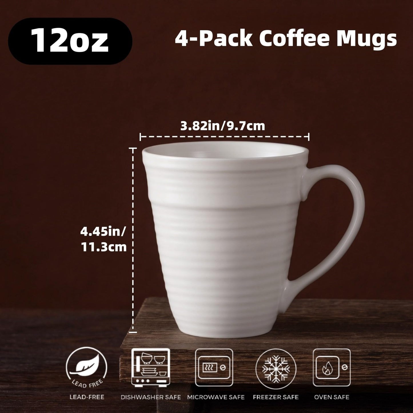 Avcylltty 12 oz Coffee Mugs Set of 4 with Comfort Handles Premium White Ceramic Coffee Mugs for Lattes, Milk, and Hot Tea, Dishwasher and Microwave Safe, Ideal Gift for Coffee Lovers