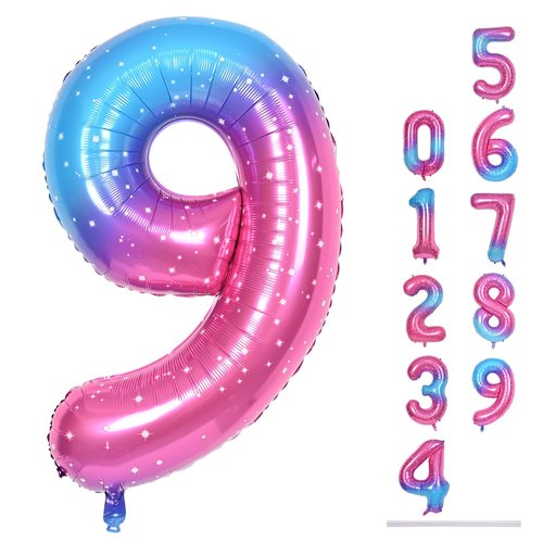 40 Inch Rainbow Gradient Balloon Number 9 Beige, Large Blue Pink Purple Foil Number Balloons Set 0-9, Starry Digital 9 Helium Balloons for Girls Women 9th Birthday Anniversary Party Decoration