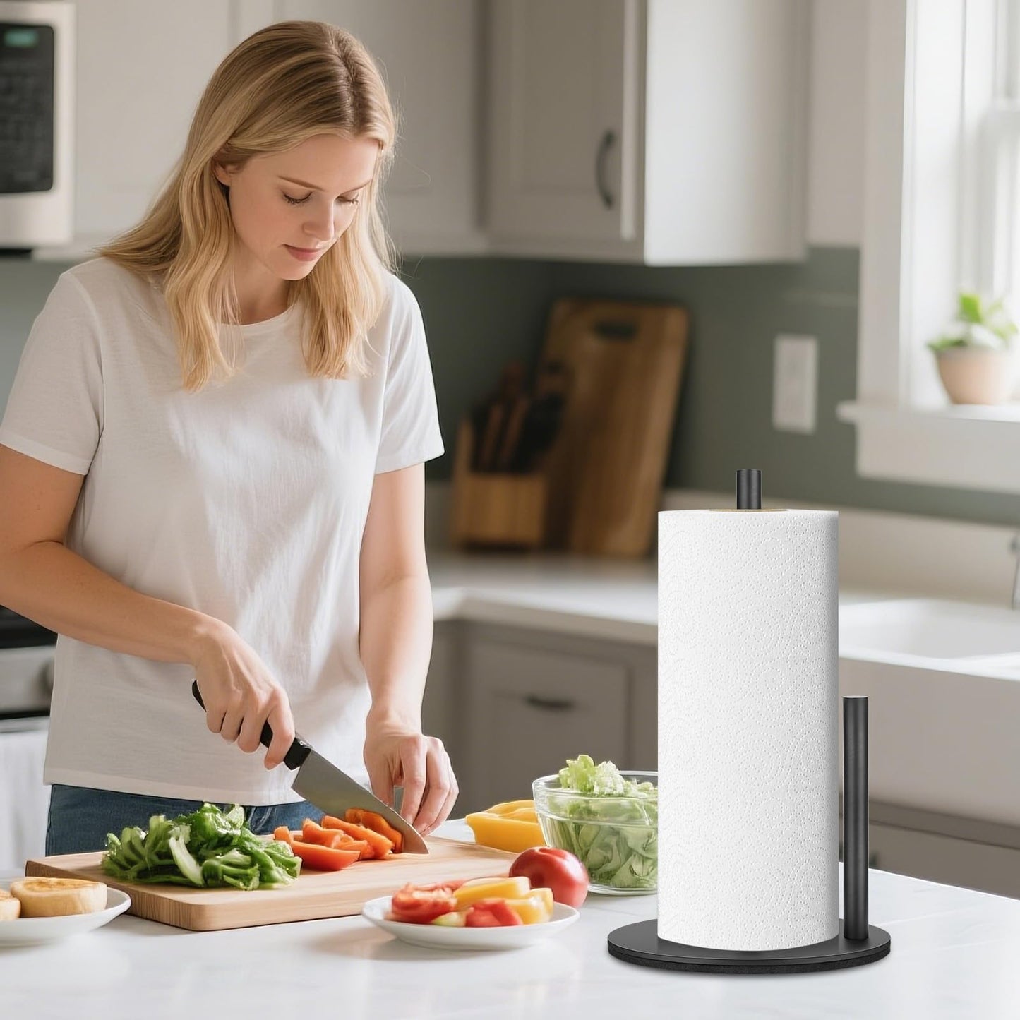 Paper Towel Holder, Standing Paper Roll Holder, Freestanding Paper Towel Holder with Weighted Base, Premium Stainless Steel Kitchen Roll Dispenser in Black