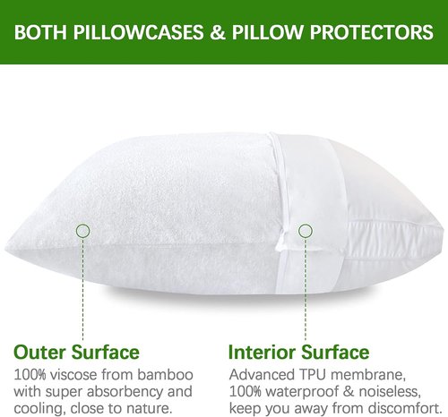 Biloban Waterproof Pillow Protector - 100% Viscose Bamboo Cooling Cases | Standard Size 2-Pack, 26”x20” White