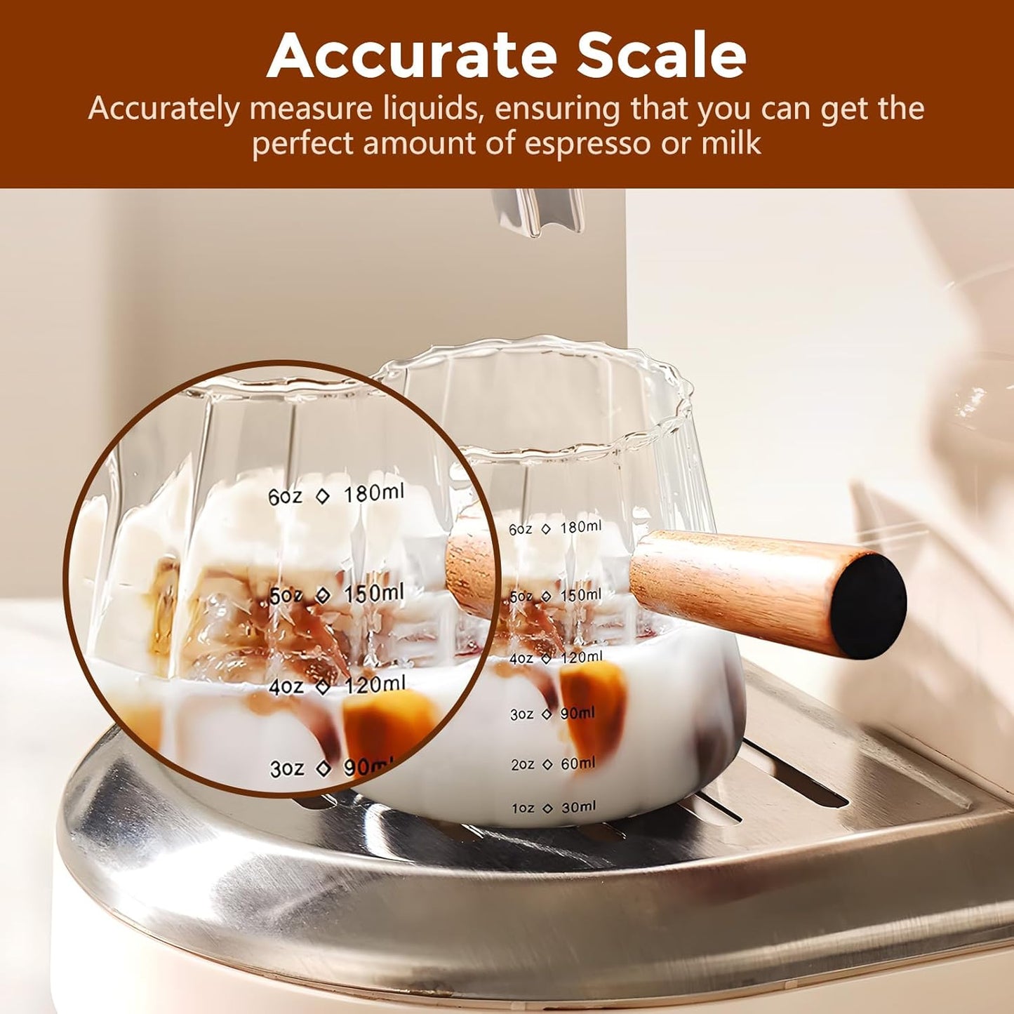 YARRAMATE Glass Measuring Cup - 6 oz/180ML with Wooden Handle | Ribbed Milk Frothing Pitcher, Easy Pouring