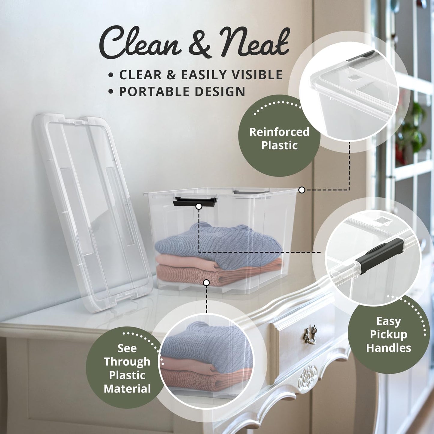 Lifetime Appliance Parts 34 Qt. Plastic Storage Bin Tote - Ultra Durable Lid & Secure Latching Buckles | Stackable Clear with Black Handle