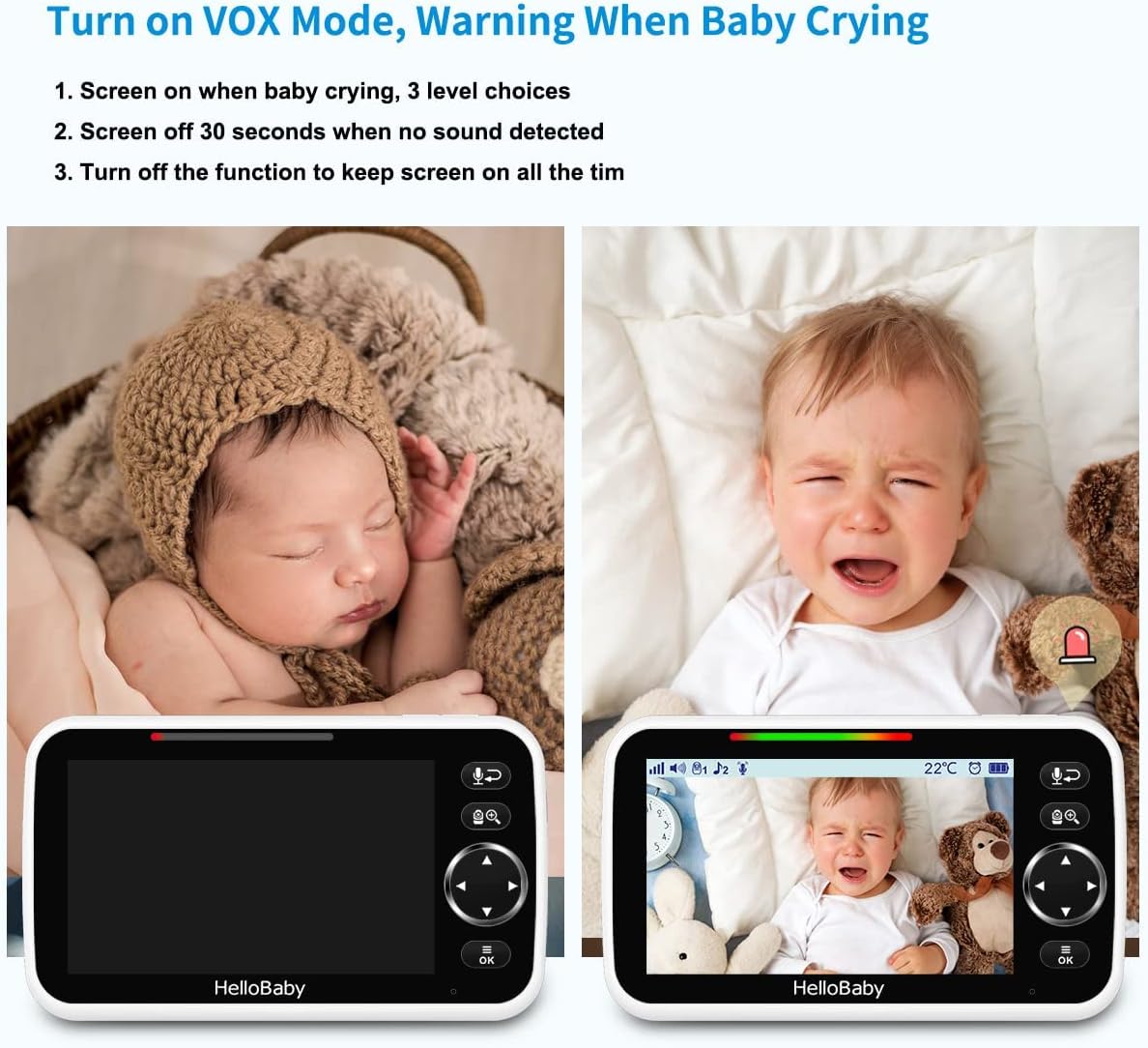 HelloBaby Baby Monitor - 5" Screen with 30-Hour Battery, Night Vision & 2-Way Talk | HB6550