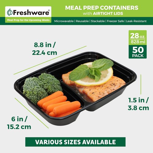 Freshware Meal Prep Containers - 50 Count | 2 Compartment Bento Boxes, BPA Free, Stackable, 28 oz
