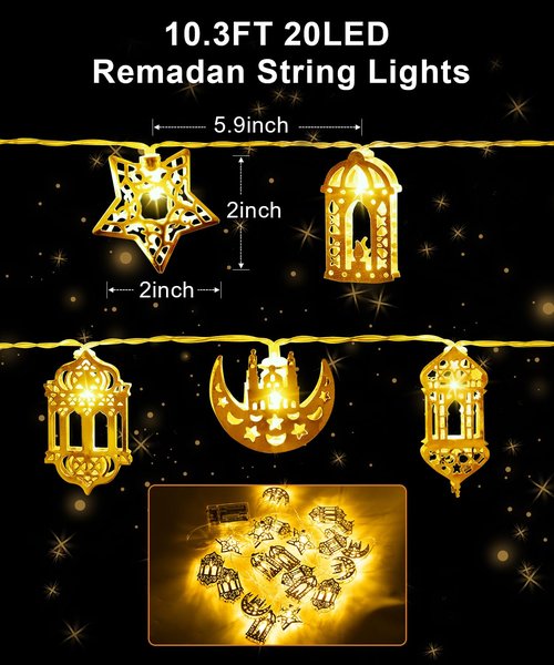 Fussion Ramadan String Lights Decorations 10.3 Feet, 20 LED Battery Operated Eid LED Moon and Star Light, Ramadan Mubarak Lantern for Bedroom, Indoor, Tree, Home Decor