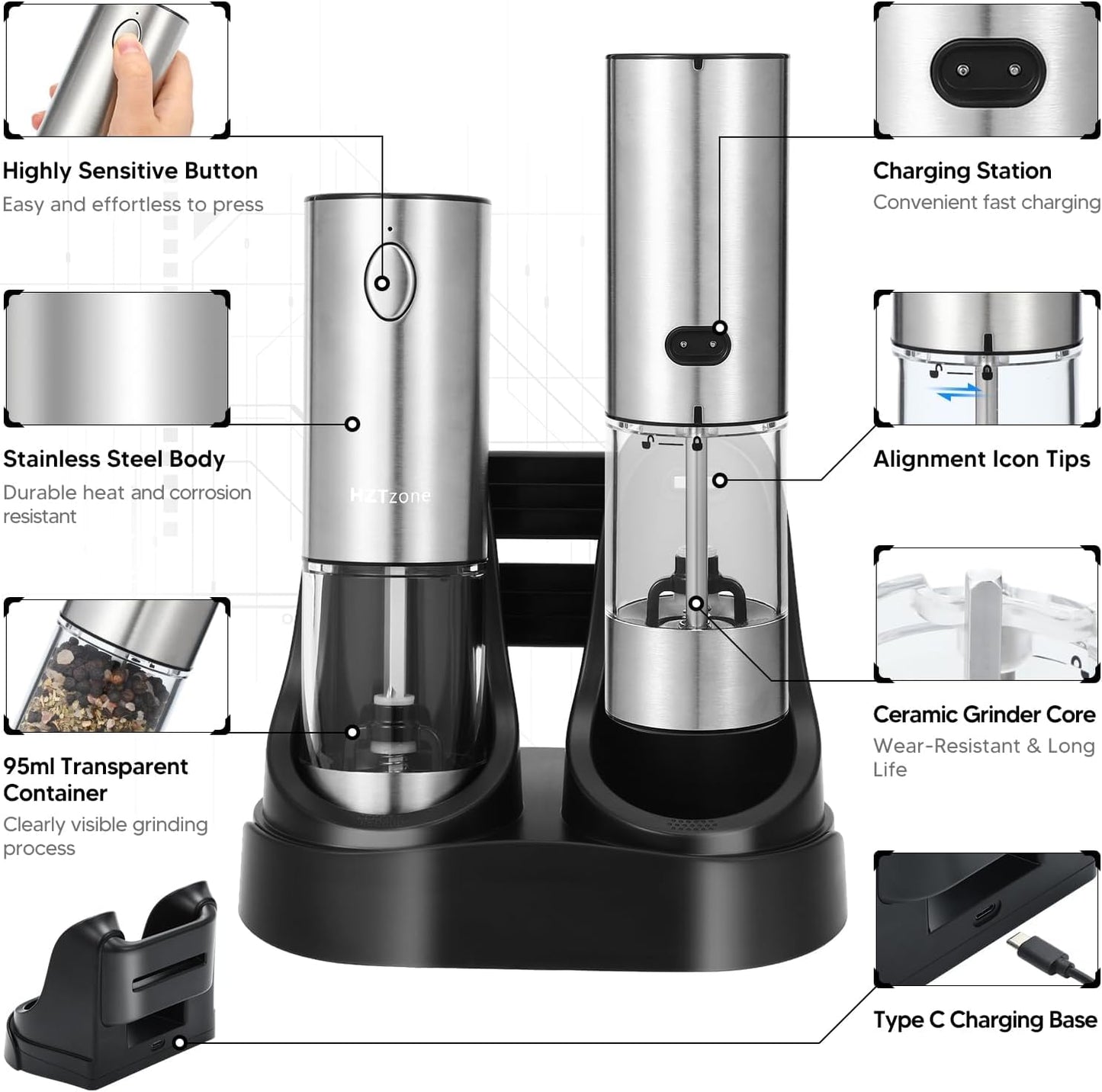 Skiennix Electric Salt and Pepper Grinder Set - One-Handed Automatic Spice Mill with Adjustable Coarseness & LED Light