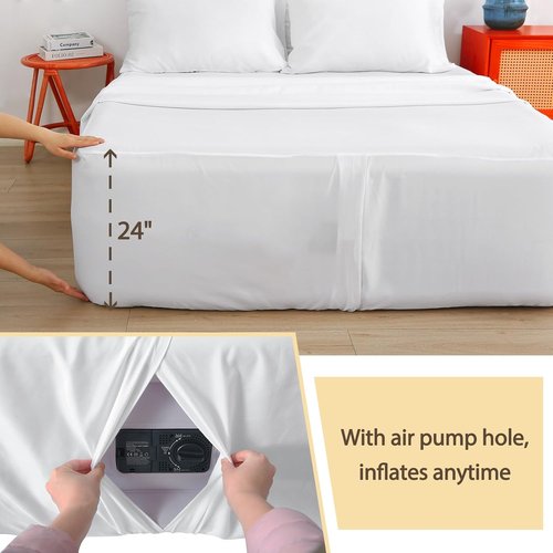 Air Mattress Sheet Set - Queen Size 6-Piece Deep Pocket Sheets for 16-24 Inch Air Beds | Easy Inflate Access, White