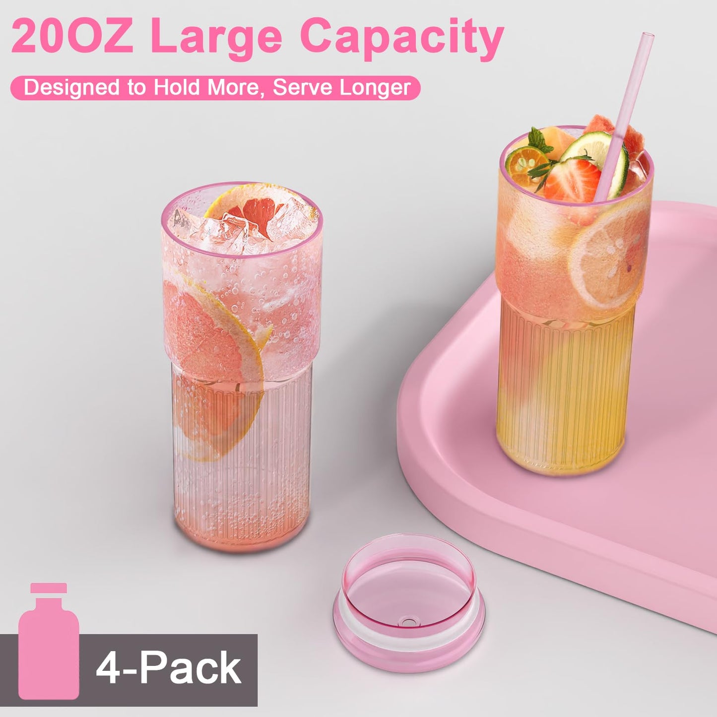 Luiaiog 20oz Glass Cups with Lids and Straws - Set of 4 Reusable Tumblers, Thickened Shatter-Resistant Glass, Ideal for Iced Coffee, Smoothies, Cocktails, Juices - Elegant & Durable Drinkware (Pink)