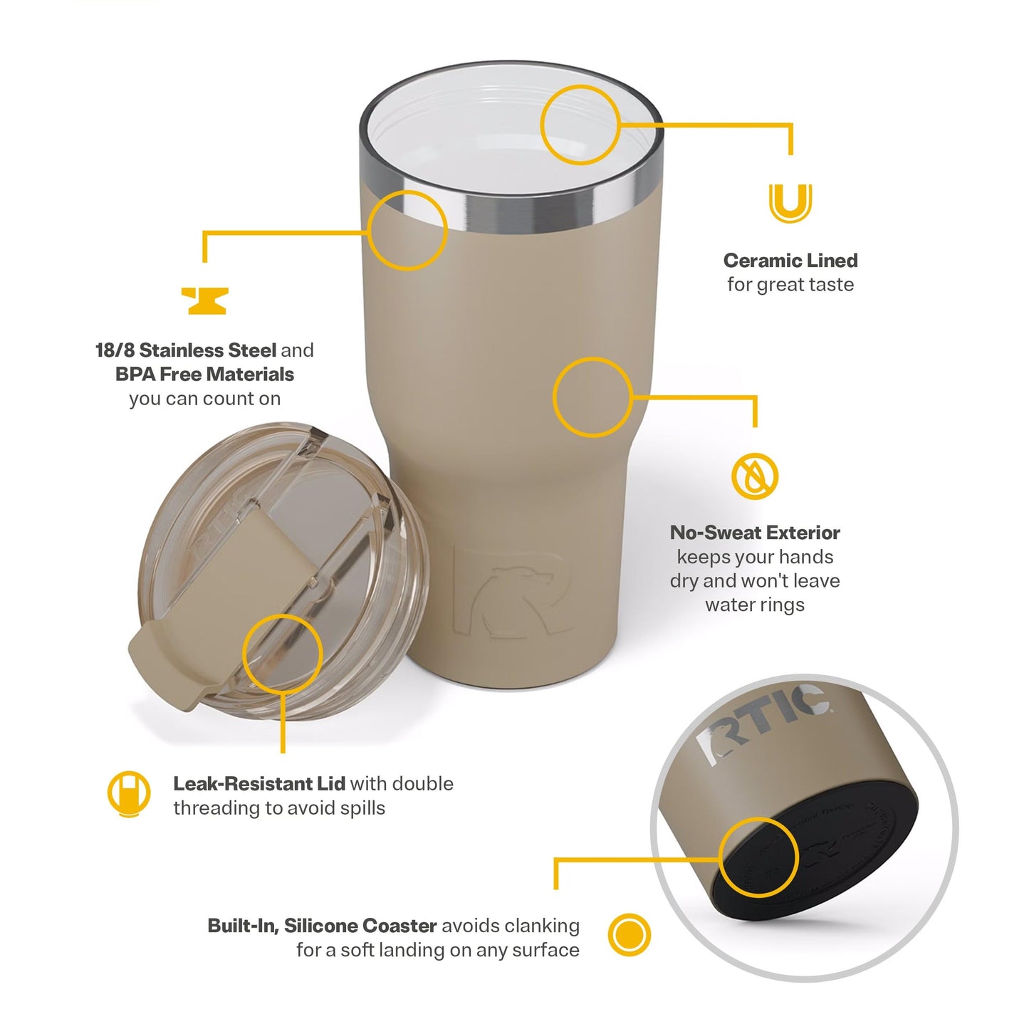 RTIC 20oz Essential Tumbler with Lid, Ceramic Lined, Insulated, Stainless Steel, Metal, Double Wall Vacuum-Insulation, Travel Cup for Iced Coffee, Tea, Hot and Cold Drink, Beach