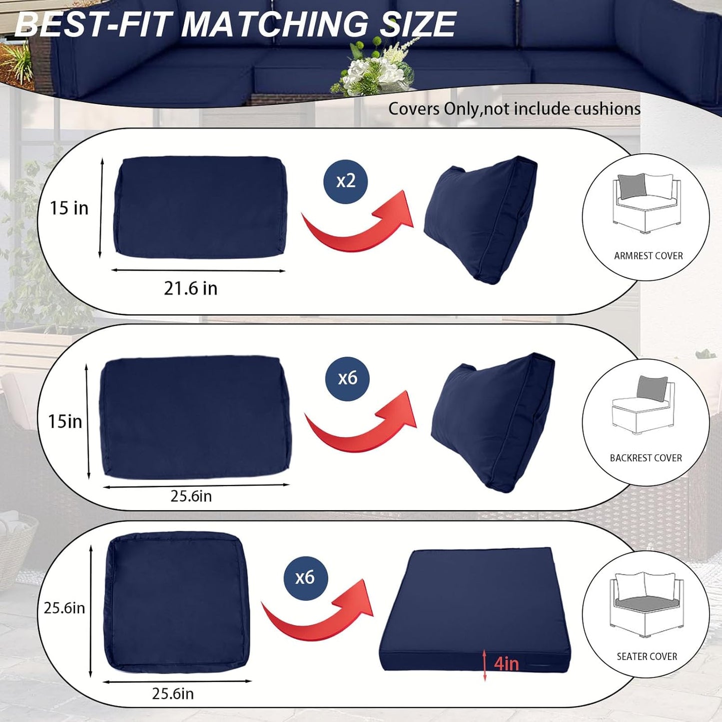 Skiennix Outdoor Cushion Covers - Waterproof & Fade Resistant Replacement for Patio Furniture | 14 Pieces, Navy Blue (25.6x25.6x4 Inch)