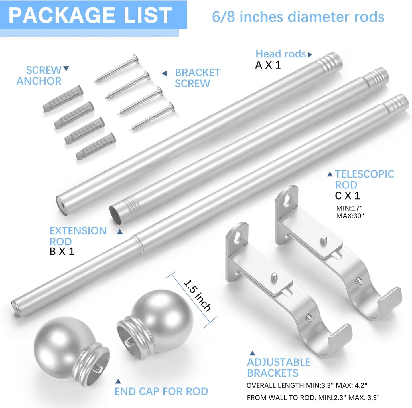 Max Adjustable Curtain Rods by [Brand Name] - 16 to 48 Inches | Satin Silver, 60-Inch Length, Round Finials