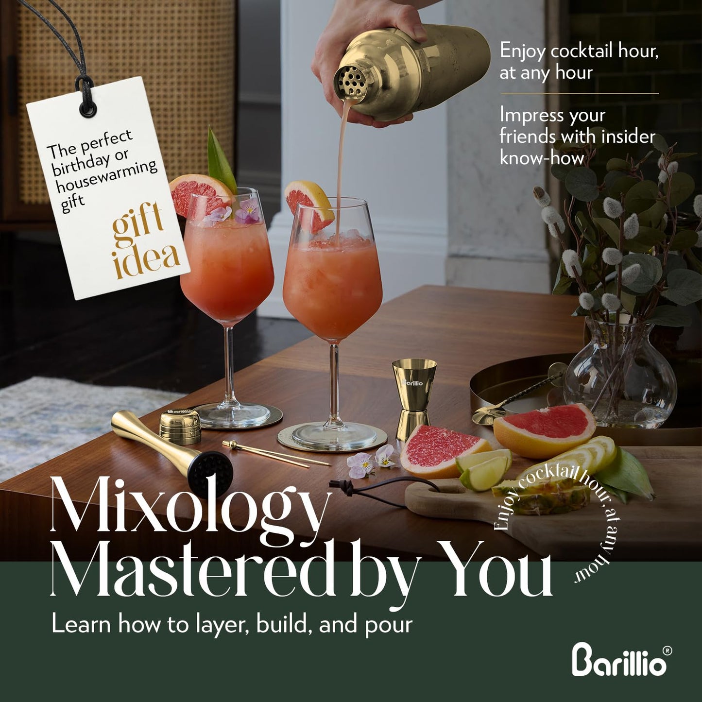 Barillio Gold Mixology Bartender Kit - 8 pcs Stainless Steel Travel Cocktail Shaker Set with Bag - Bar Tools Set with Martini Shaker, Drink Mixer Spoon & Mojito Muddler for Cocktails, Pourers & Jigger