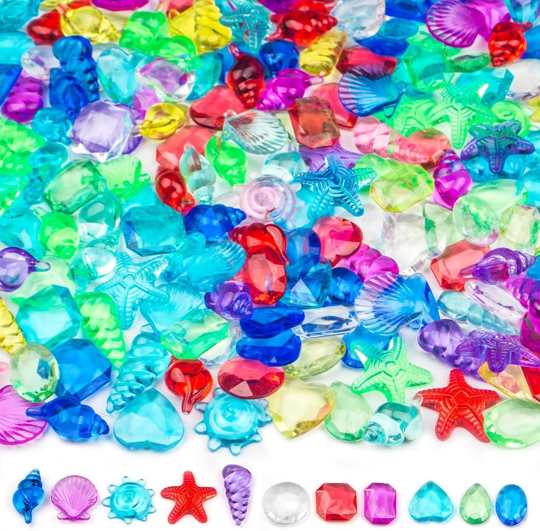 Skiennix Sensory Bin Filler - 180 Pcs Plastic Gemstones & Fake Seashells for Kids | Ocean-Themed Fun