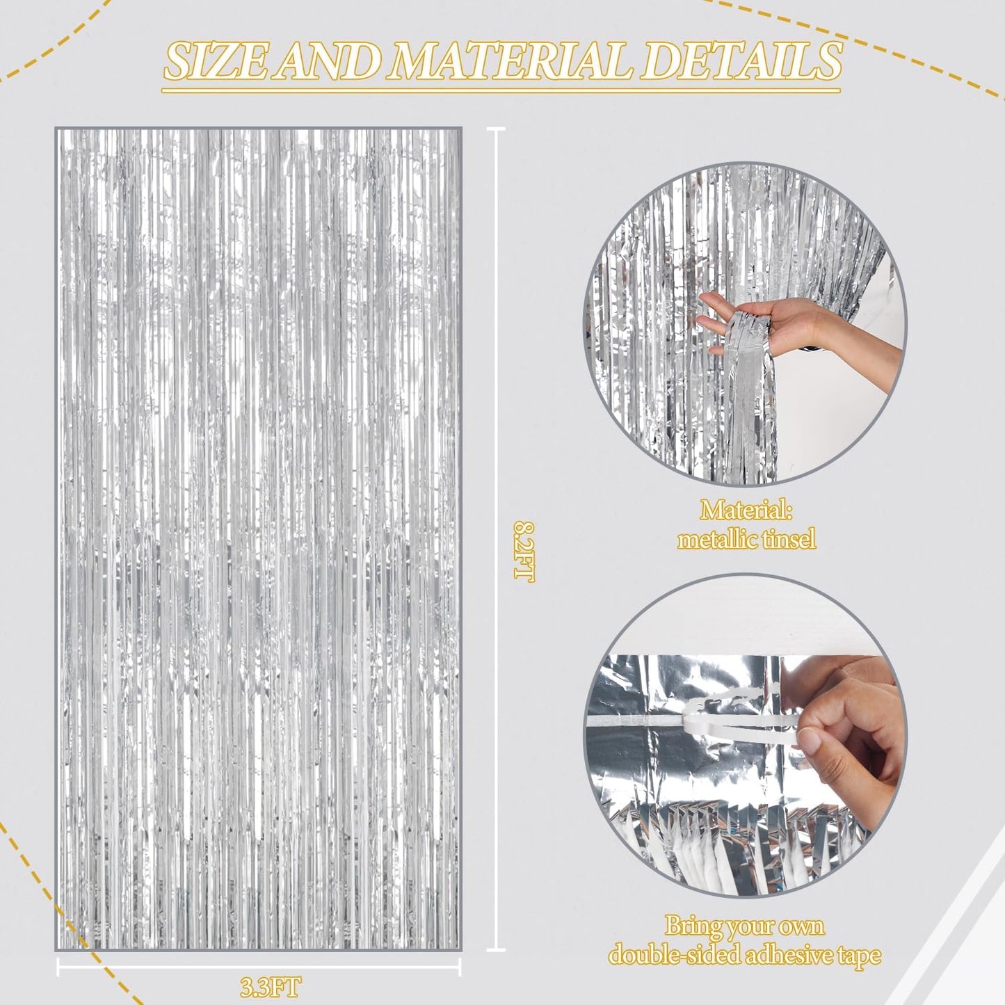 DECOCKRAT 3 Pack Foil Fringe Backdrop - Silver Shiny Tinsel Curtains for Party Decoration/Photo Booth Props - 3.3x8.2 FT Metallic Foil Backdrop for Birthday, Wedding, Graduation, Christmas.