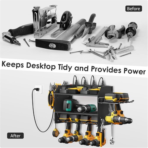 CCCEI Modular Power Tool Organizer - Wall Mount Charging Station with 8 Plug Power Strip | Heavy Duty Black Metal Shelf