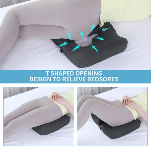HOMBYS Gel Seat Cushion Bed Sore Cushions for Butt, Memory Foam Bedsore Pressure Relief Pillow for Tailbone Pain, T Shaped Opening Hemorrhoid Pillow for Sitting, Sleeping (Gray)