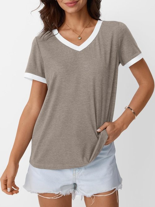 AUTOMET Women's Short Sleeve T-Shirt - Casual Soft V-Neck Tunic for Spring Fashion | Comfortable Workout Top