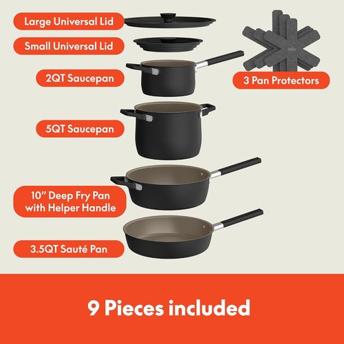 Bella 9-Piece Ceramic Nonstick Cookware Set - EverGood™ Coating, Dishwasher Safe, Stackable Design, Black