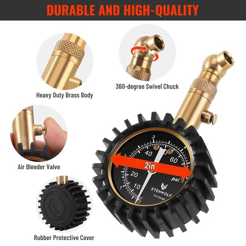ETENWOLF Tire Pressure Gauge - Accurate 0-75 PSI Reading with Large Glow Dial | Essential Car Accessory (Black)