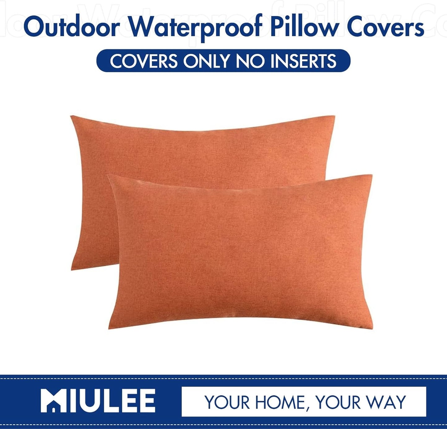 MIULEE Decorative Outdoor Throw Pillow Covers - Waterproof Faux Linen Cushion Cases | Pack of 2, 20x12 Inch, Orange