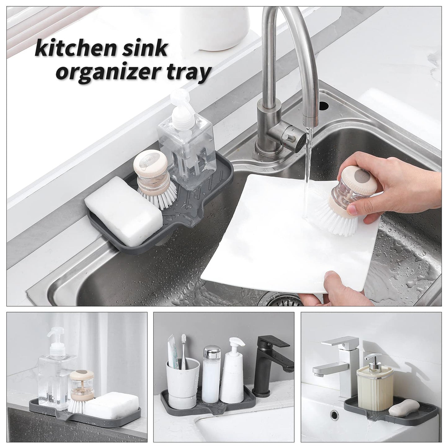 MicoYang Silicone Bathroom Soap Dishes with Drain Spout-Bathroom and Kitchen Sink Organizer,Sponge Holder,Dish Soap Tray,Perfect for Dispenser,Scrubber,Bottle,Cup on Sink or Counter-Grey 9.6"×5.3"