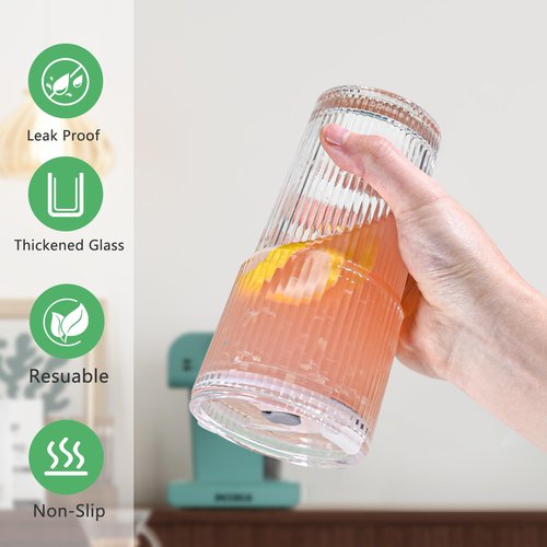 Icesip 20 oz 4 Pcs Glass Cups with Lids and Straws Ribbed Iced Coffee Glasses Tumbler Vintage Drinking Glasses Set of 4 for Tea Juice Soda Smoothie(Ribbed A*4 with Lid)