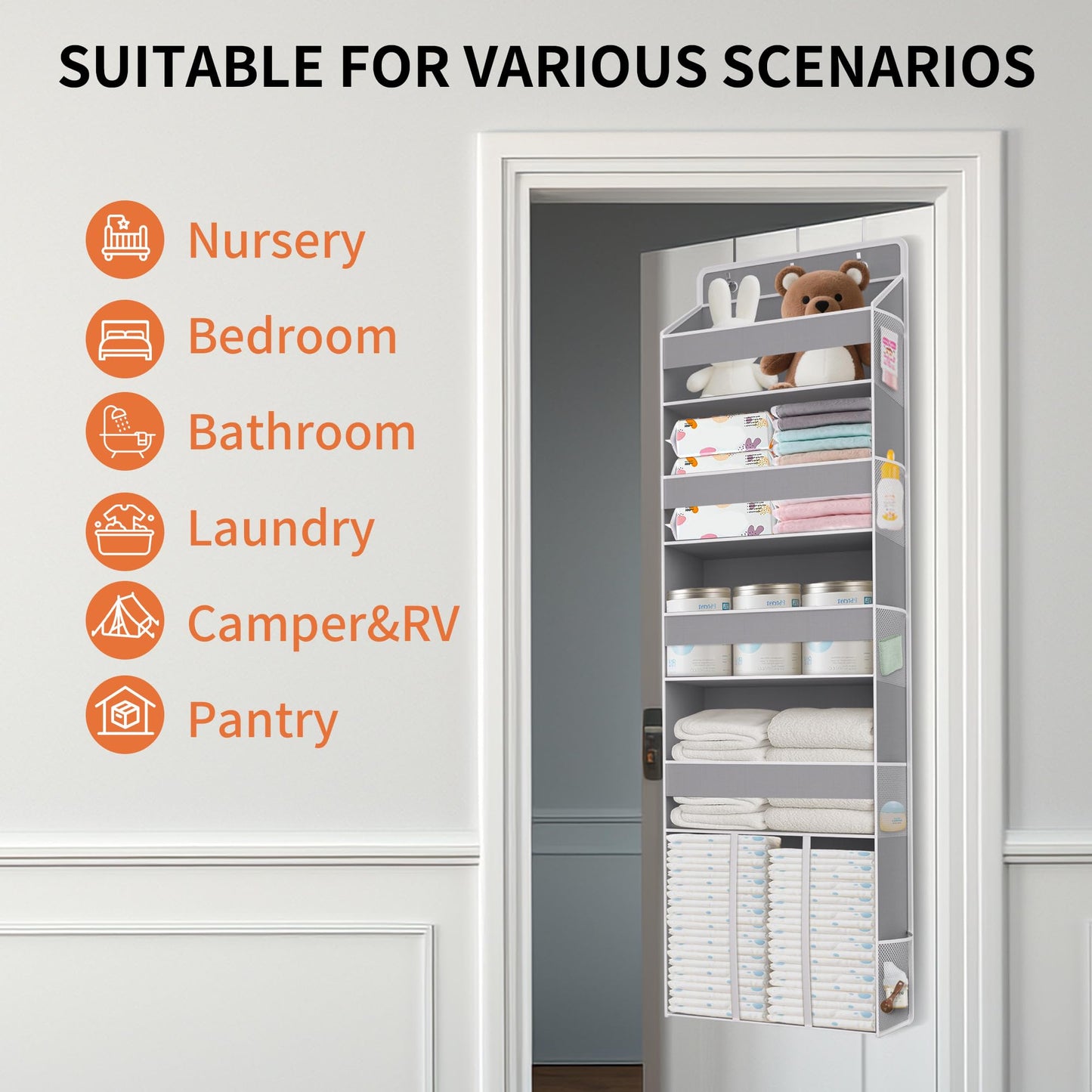 TAHAVICE Heavy Duty Over the Door Organizer with Large Capacity Caddy, Behind Door Storage with 10 Mesh Side Pockets, Back of Door Hanging Organizer for Closet, Bathroom, Laundry