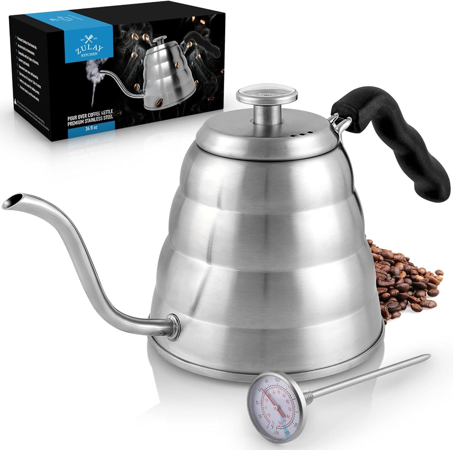 Zulay Premium Pour Over Coffee Kettle - 34 fl oz | 1 Liter Stainless Steel Gooseneck with Thermometer for Perfect Brewing