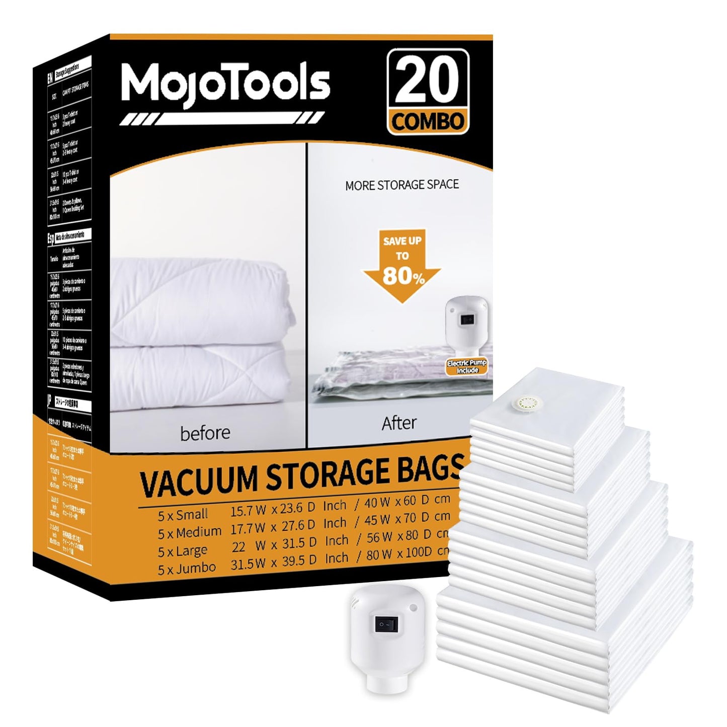 Vacuum Storage Bags with Electric Air Pump, 20 Pack (5 Jumbo, 5 Large, 5 Medium,5 Small) Space Saver Bag, Space Saver Bag, Vacuum Sealer Bags for Clothes, Blanket, Duvets, Pillows, Comforters, Travel