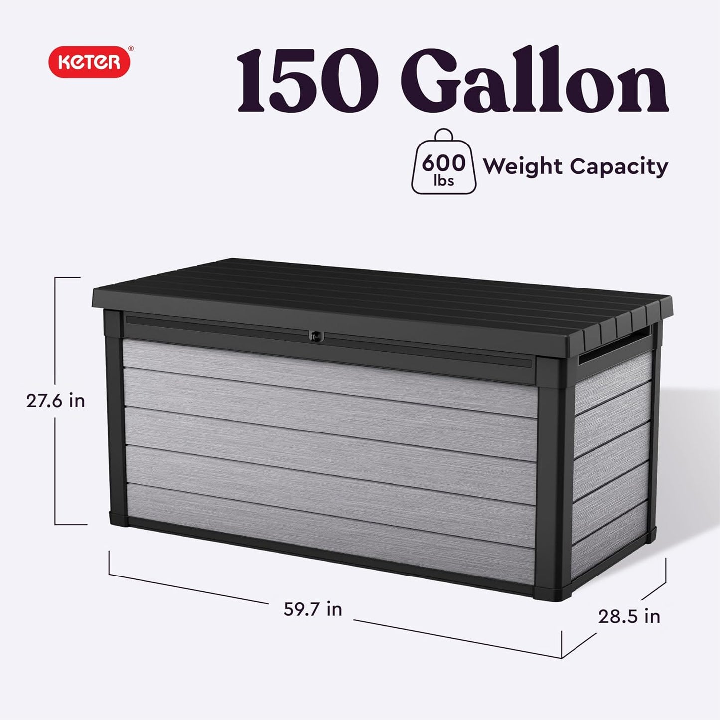 Keter Denali 150 Gallon Resin Deck Box - Durable Double Wall Design for Outdoor Storage | Grey & Black