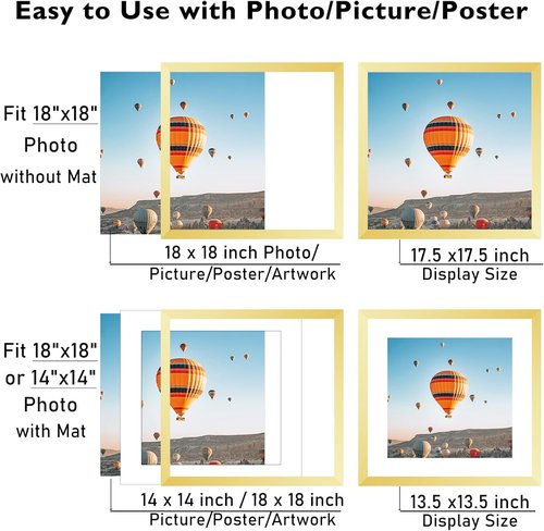 JCJMY 18x18 Gold Picture Frame - Display 14x14 Photos with Mat or 18x18 Without Mat | Shatter Resistant Plexiglass