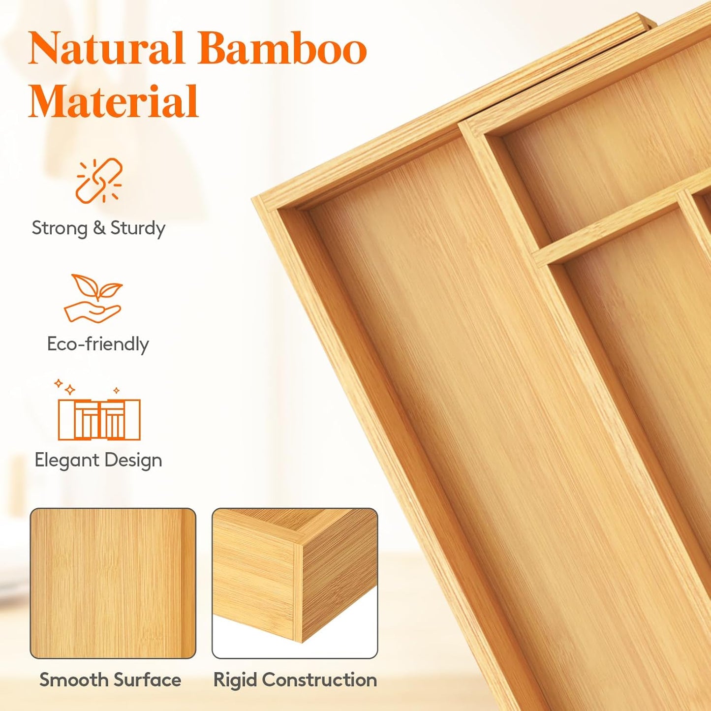 Lifewit Bamboo Silverware Drawer Organizer - Expandable 21.4 to 36 Inches | 13 Compartment Utensil Tray