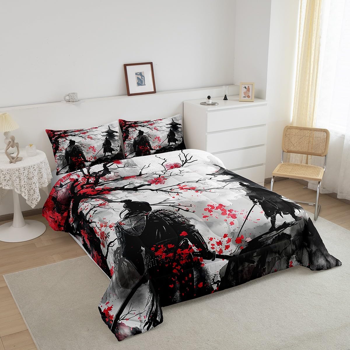 Feelyou Japanese Samurai Comforter Set Queen Size Kids Ukiyoe Comforter for Boys Girls Cherry Blossoms Bedding Set Japanese-Style Duvet Set