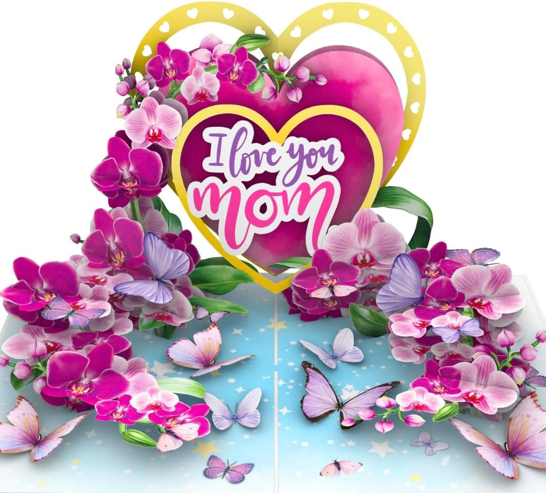 PIECE GIFT 3D Pop-Up Mother's Day Card - 'I Love You Mom' Orchid Flower Design | Premium Greeting Card with Envelope