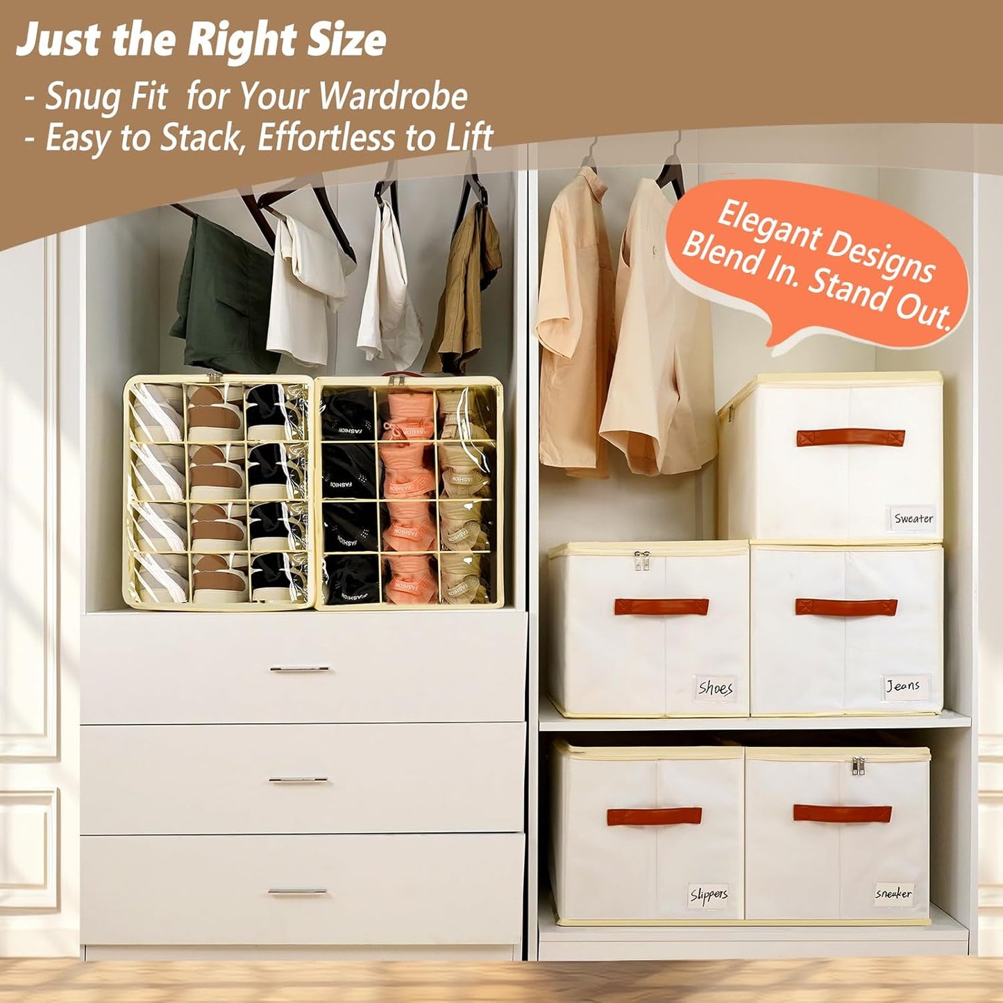 Patinao Shoe Storage Box Organizer - 3 Pack Stackable Clear Lids | 36 Cell Space Saver for Closet