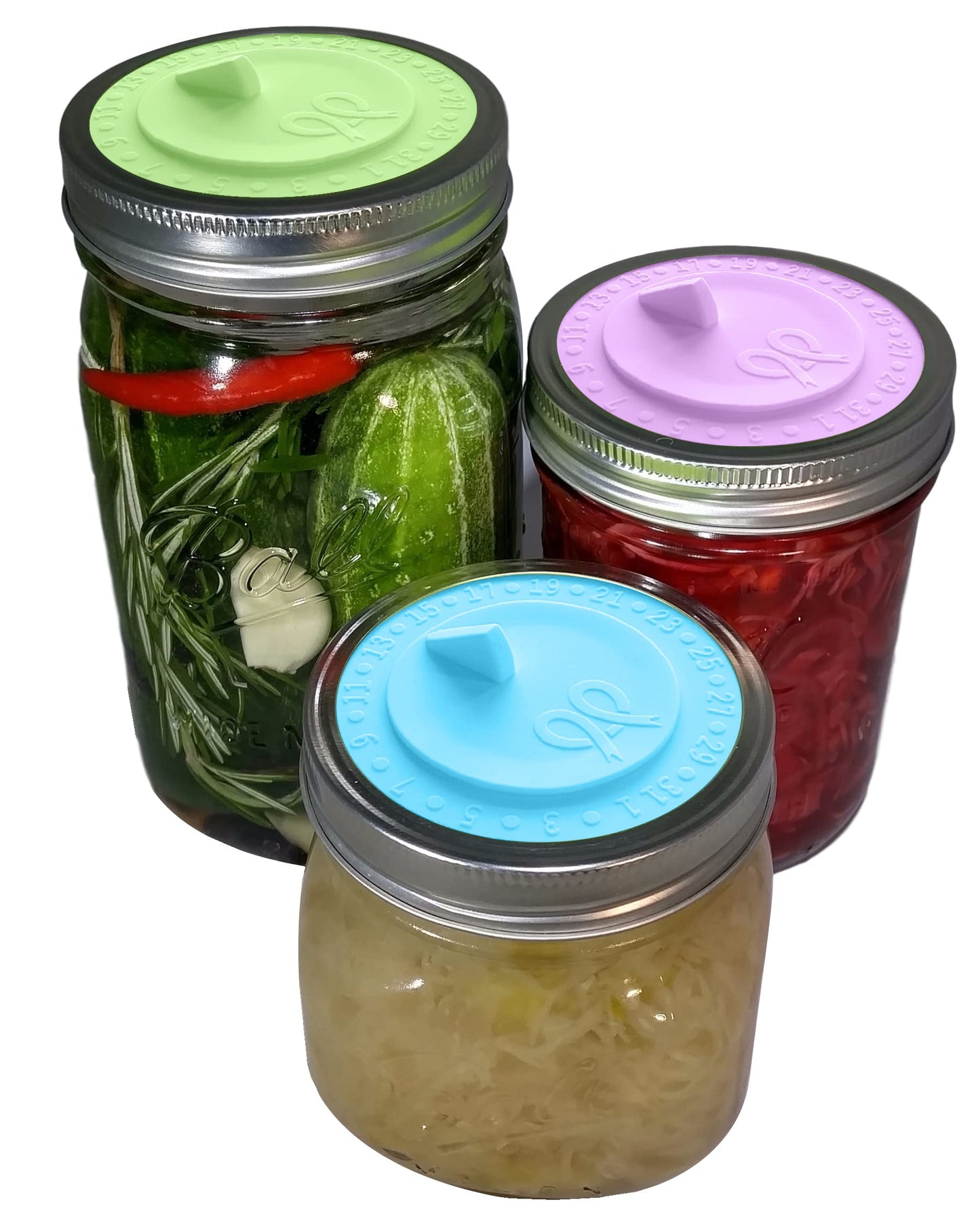 7pack Maintenance airlock waterless fermentation lids for wide mouth mason jars. Make Sauerkraut, Kimchi, Pickles, any fermented vegetable probiotic foods. BPA, mold free, dishwasher safe.