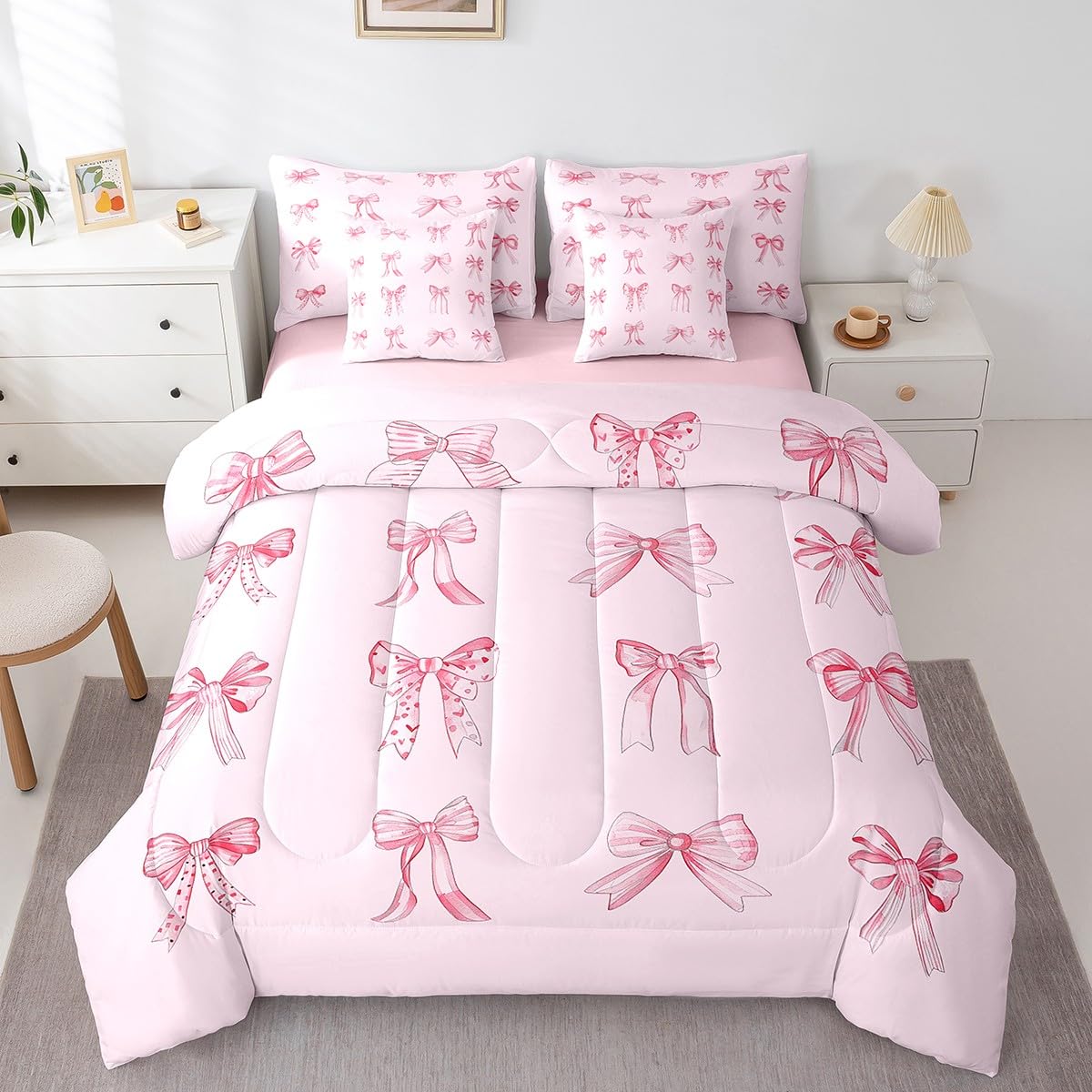 Feelyou Pink Bowknots Decoration 7 Piece Bedding Set Twin Size for Girls Pink Bow Dreamy Kids Bed in a Bag Girly Pink Bed Set