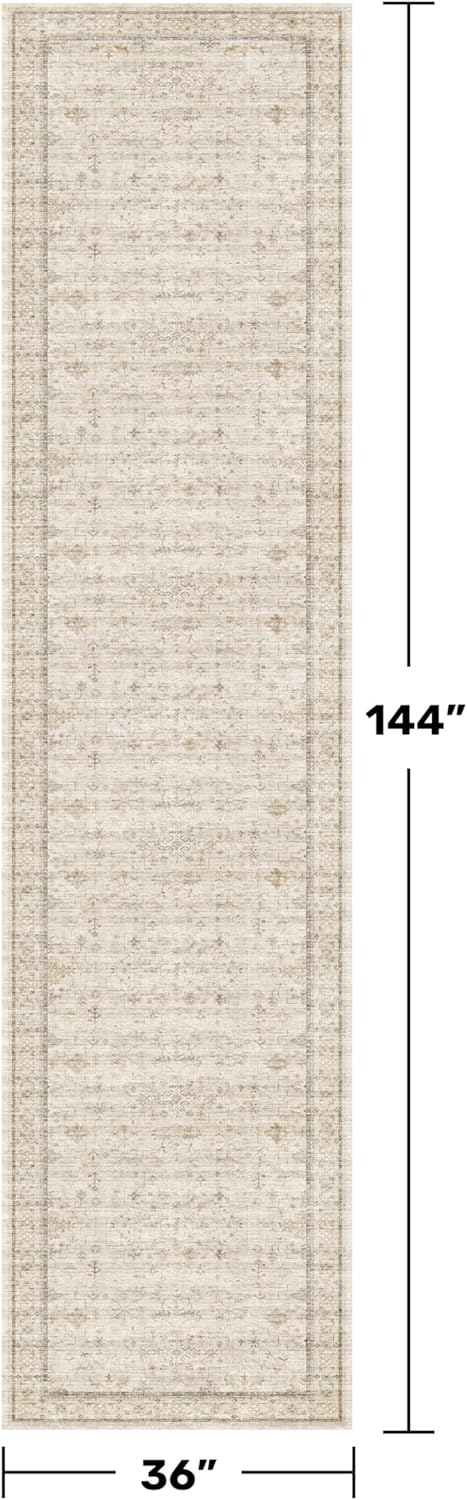 Regine Switzerland Beige Floral Hallway Runner Rug - Washable, Non-Slip, Low-Pile | 3' x 12' Vintage Distressed Design
