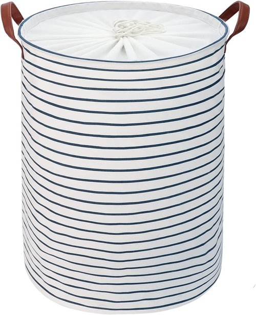 DOKEHOM 20-Inch Freestanding Laundry Basket - Collapsible Drawstring Hamper with Lid & Handle (Blue Stripe, L)
