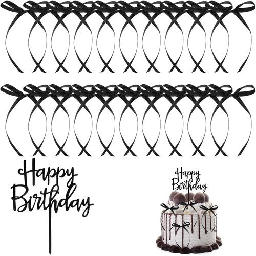 Big Happy Birthday | 20 Pcs Vintage Ribbon Bow Cupcake Toppers for Weddings & Parties - Black
